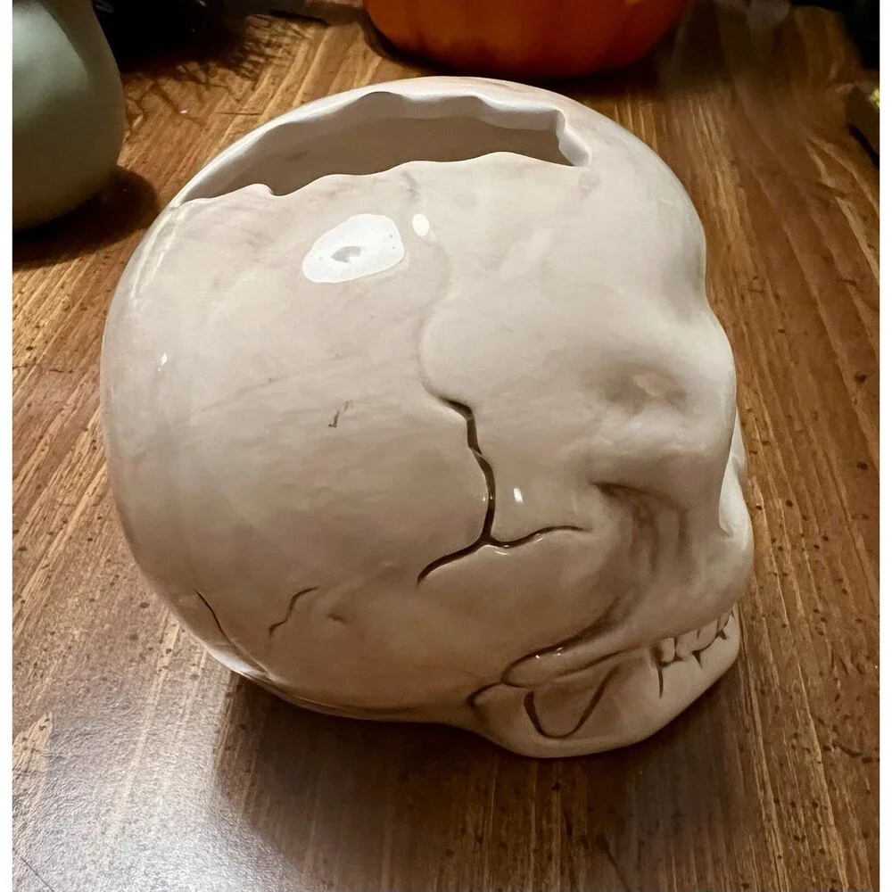 Halloween Skull Skeleton White Ceramic Votive Candle Holder Gothic Decor 5”